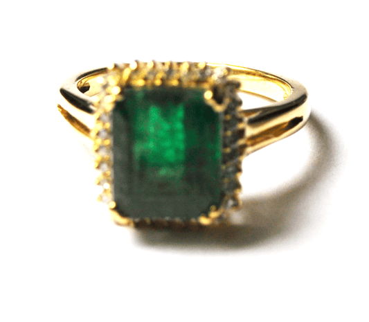 14k Yellow Gold Rectangle 2.25ct Emerald Diamond Halo Ring 12mm Size 5-3/4