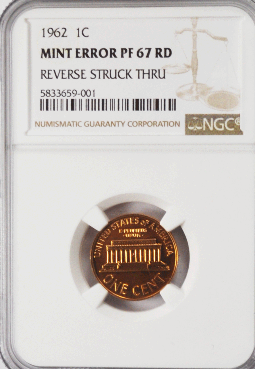 1962 1c Proof Lincoln Memorial Cent One Penny NGC PF67 RD Mint Error Struck Thru