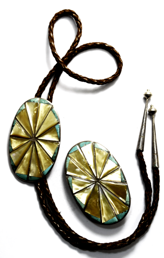900 Fine Silver MOP Turquoise Inlay Belt Buckle Bolo Tie Set 3-1/8" x 2"