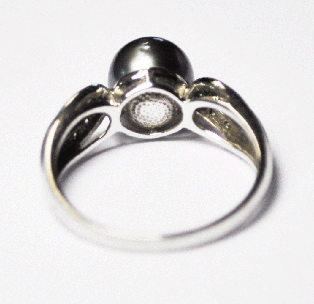 Beautiful 10k White Gold Tahitian Black Pearl & Diamond Rings 8.5mm Size 8