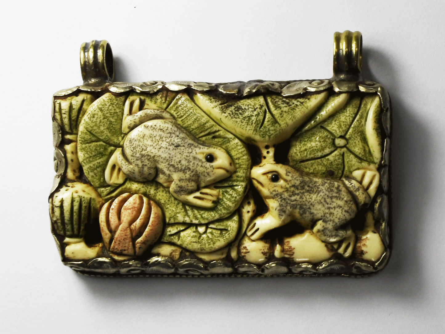 Silver Plated Tibetan Ornate Large Rectangle Pendant Carved Frogs 64x45mm