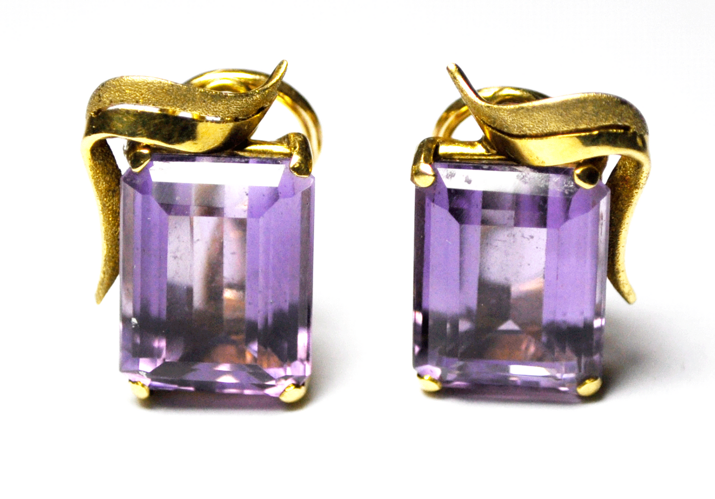 18k Floral 11mm x 14mm Rectangle Amethyst Clip on Omega Earrings 20mm