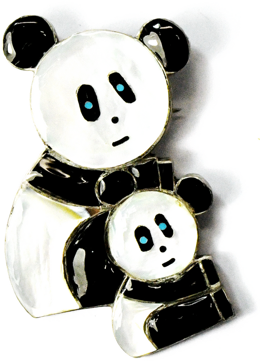 Sterling Silver RKL Panda & Cub Onyx Turquoise MOP Inlay Pendant Brooch 73x46mm