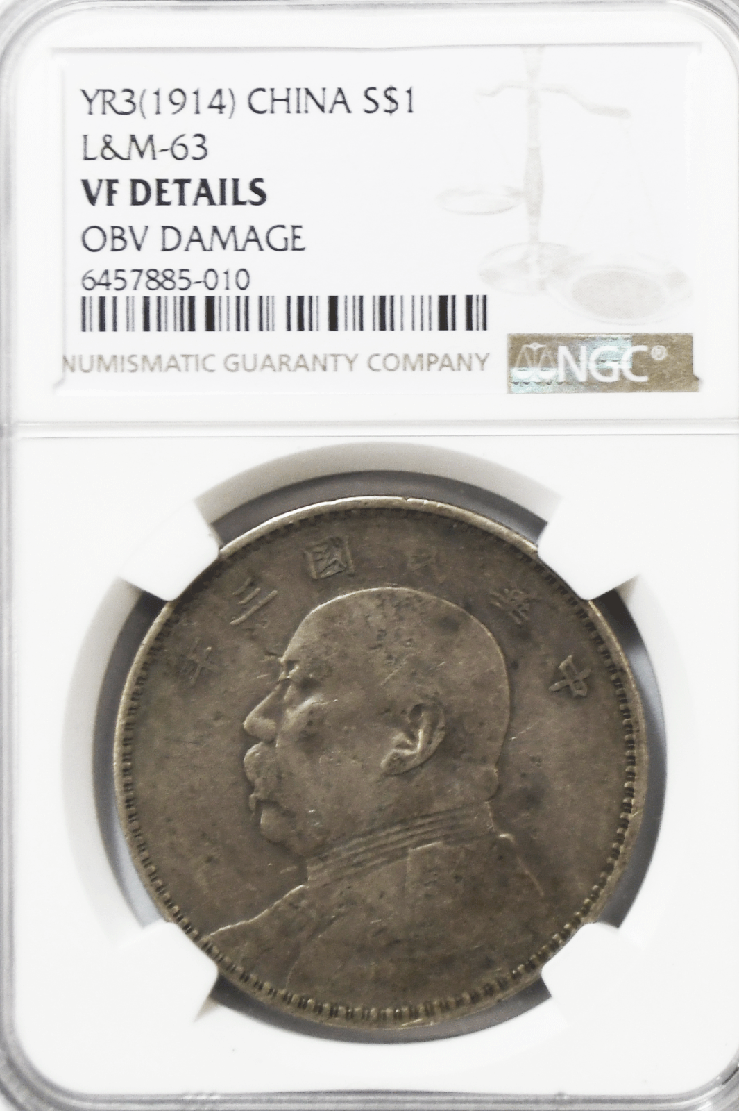 1914 China $1 Silver Dollar Year 3 L&M 63 NGC VF Details