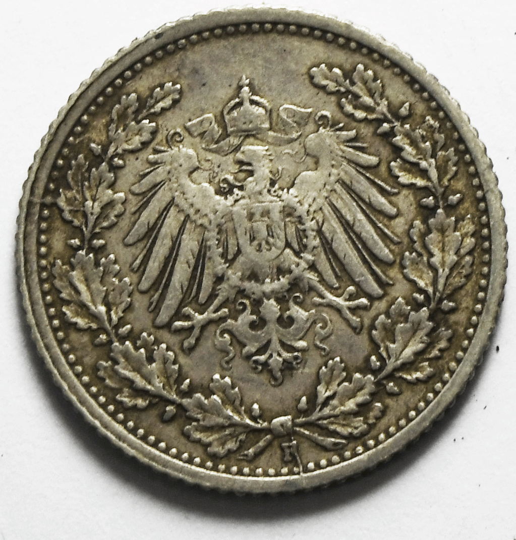 1909 F Germany Empire Silver 1/2 Half Mark KM# 17 Low Mintage