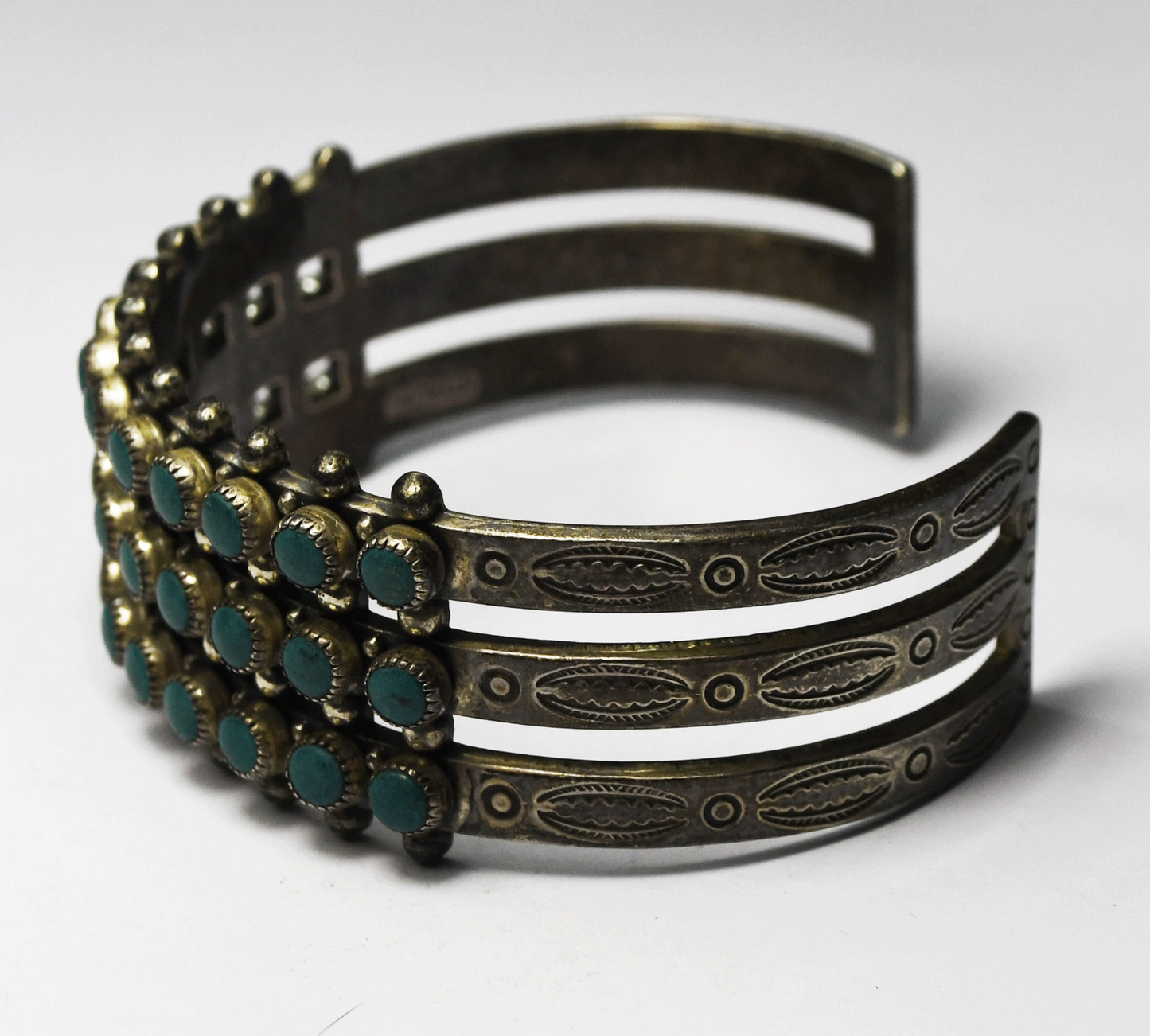 Sterling Antique Dot 3 Row Cluster Green Turquoise 23mm Cuff Bracelet 6.5" Wrist