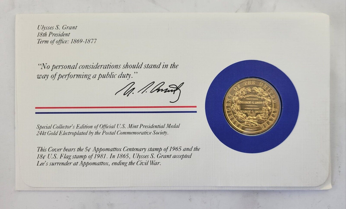 Ulysses Grant Presidential Covers Medal Postal Commemorative Society Gold Plated