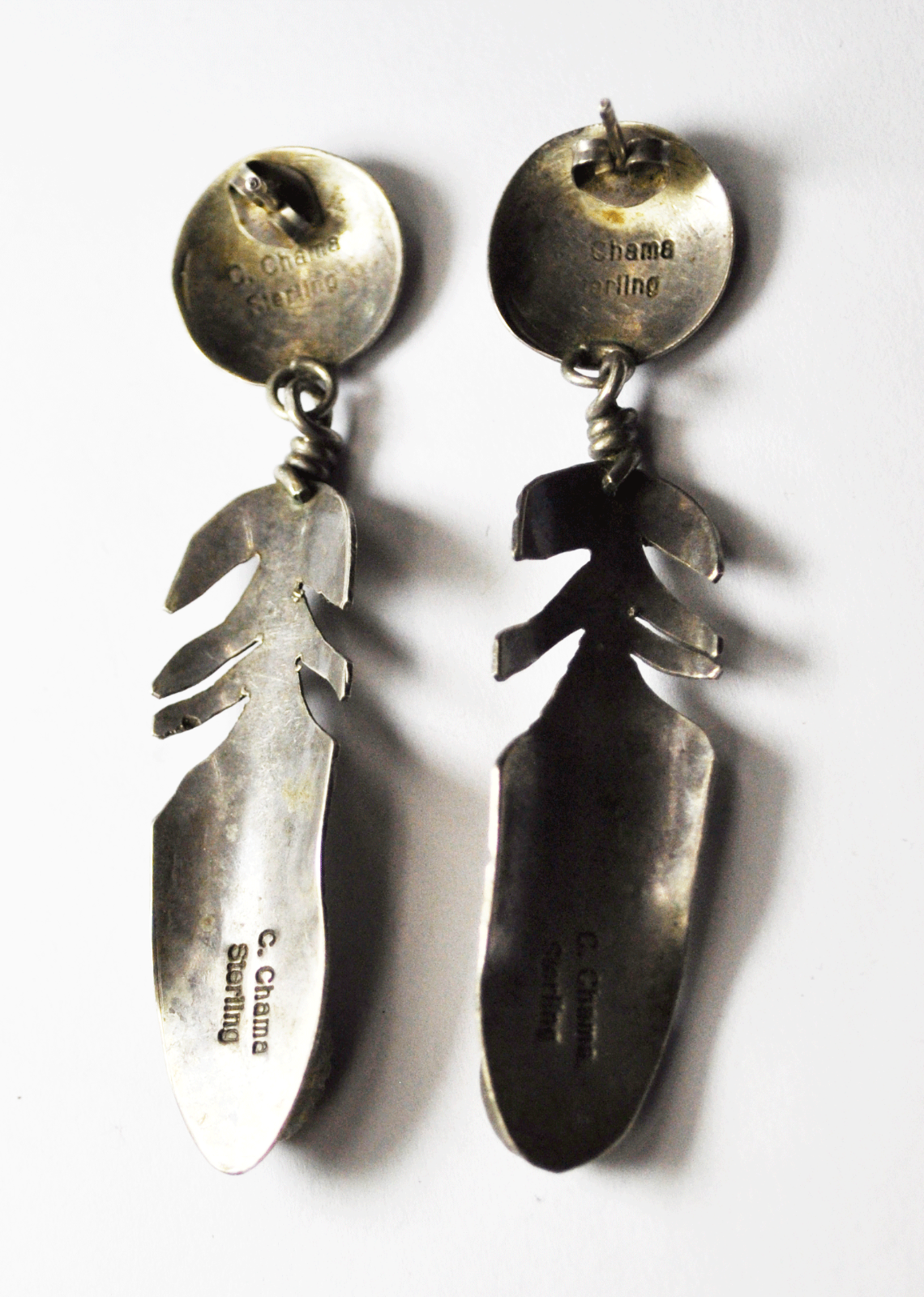 Sterling Silver C Chama Oval Tiger Eye Feather Dangle Etch Earrings 14mm 2-1/4"