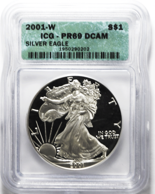 2001 W $1 Proof American Silver Eagle Silver Dollar ICG PF69 DCAM