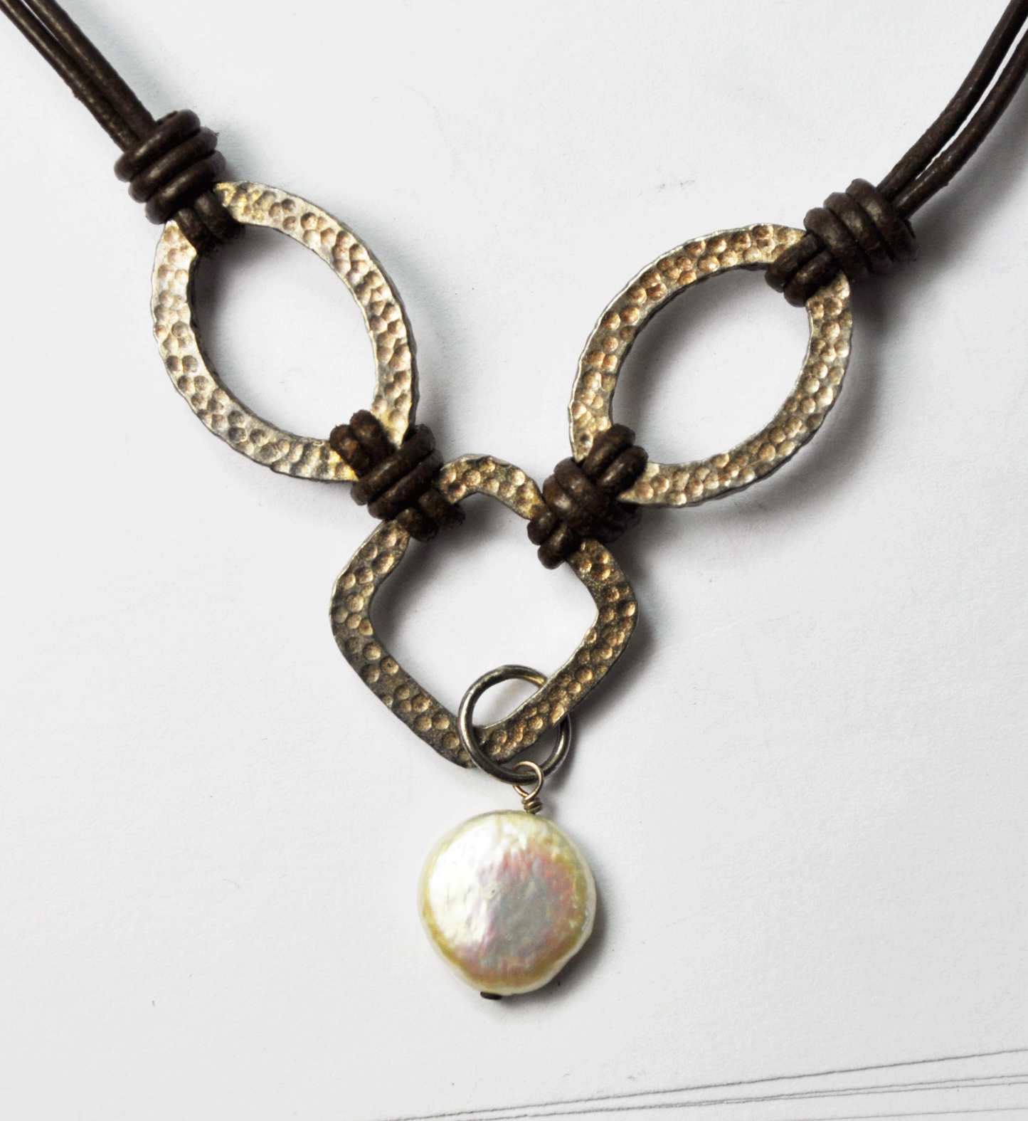 Sterling Silver Hammered Copper Color Hoop MOP Dangle 17" Brown Leather Necklace