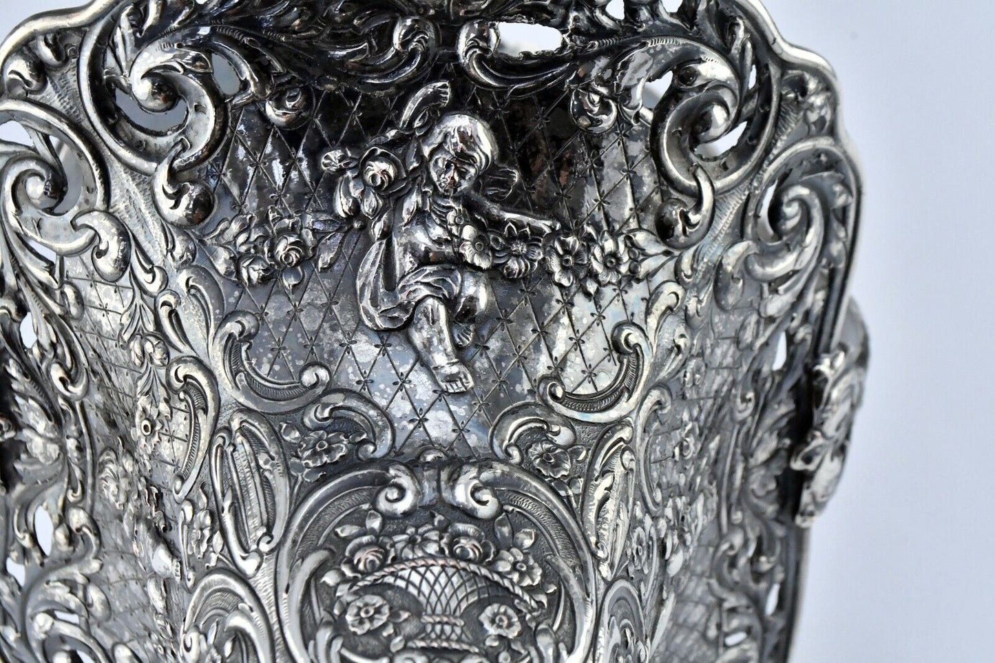 E.G Webster & Son Baroque Flute Style Cherub Ornate Repousse Vase 13 1/2"