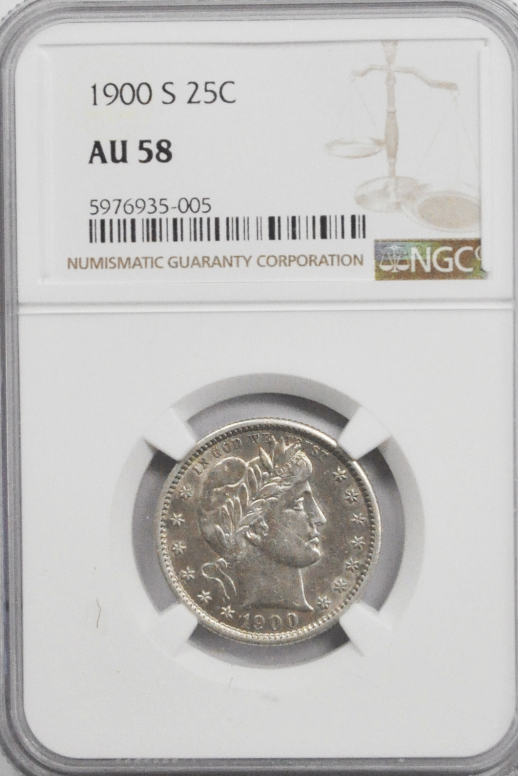 1900 S 25c Barber Silver Quarter Dollar NGC AU58 San Francisco