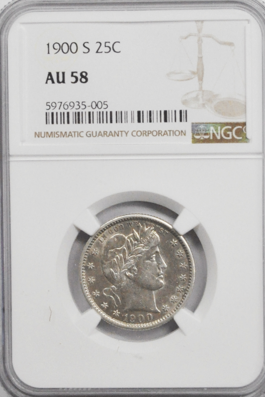 1900 S 25c Barber Silver Quarter Dollar NGC AU58 San Francisco