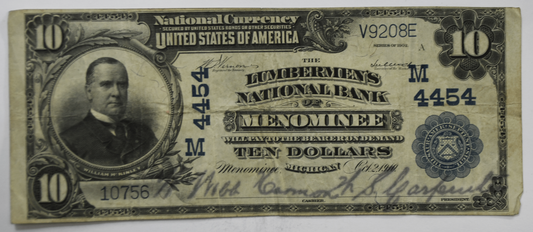 1902 $10 National Currency Note V9208E Lumbermen's NB Menominee Michigan 4454