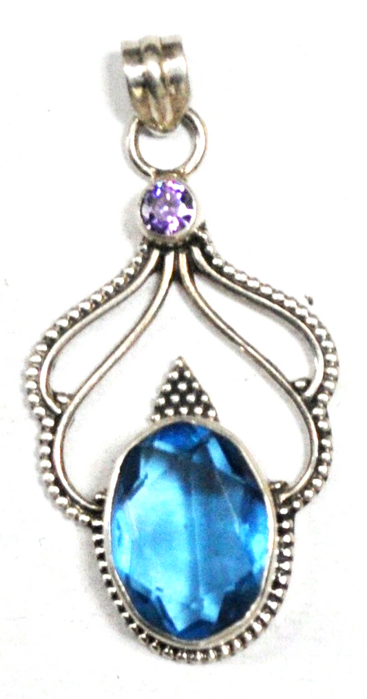 Sterling Silver Topaz Amethyst Wire Dot Halo Pendant 45x22mm