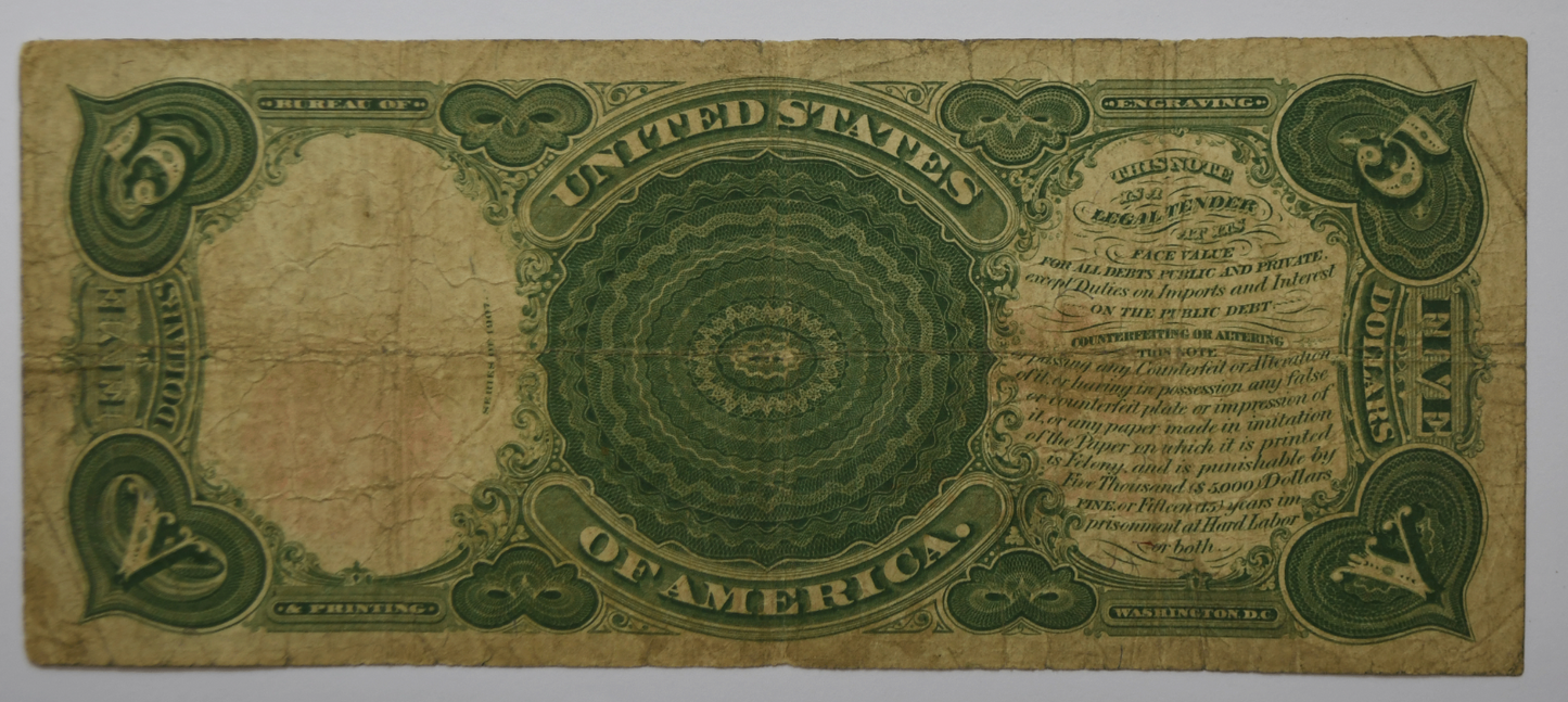 1907 $5 Five Dollars Legal Tender Jefferson Red Seal M40971178 FR#91 Woodchopper