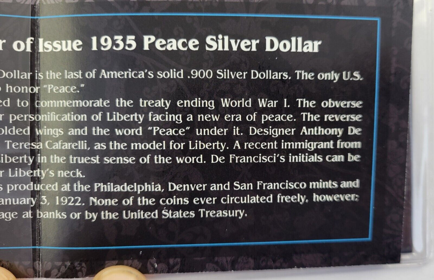 Last Year Of Issue 1935 Peace Silver Dollar Packaged w/COA