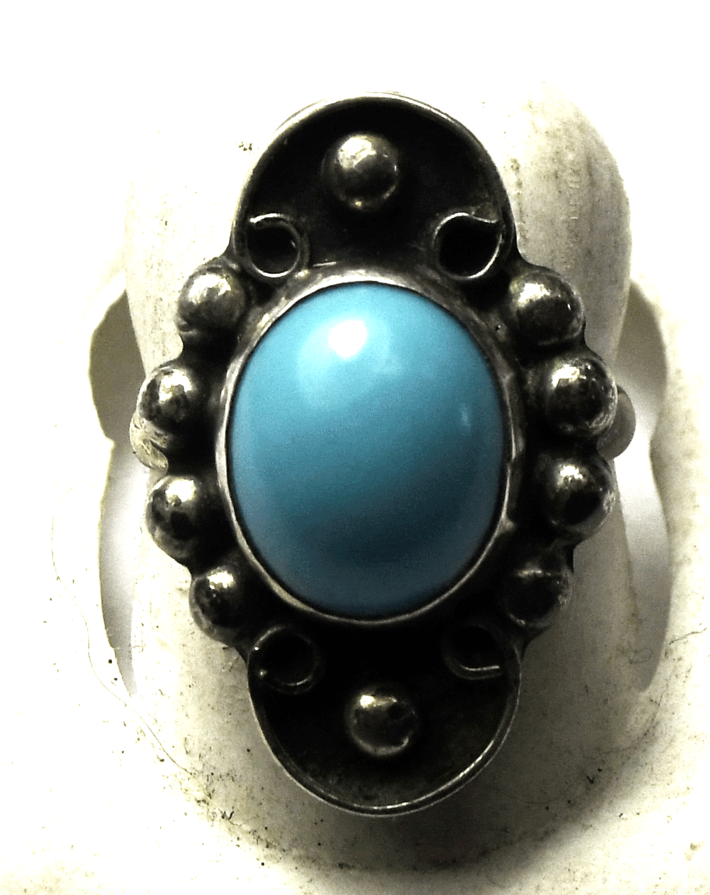 Antique Sterling Silver Turquoise Oval Dot Halo Ring 25mm Size 5.5