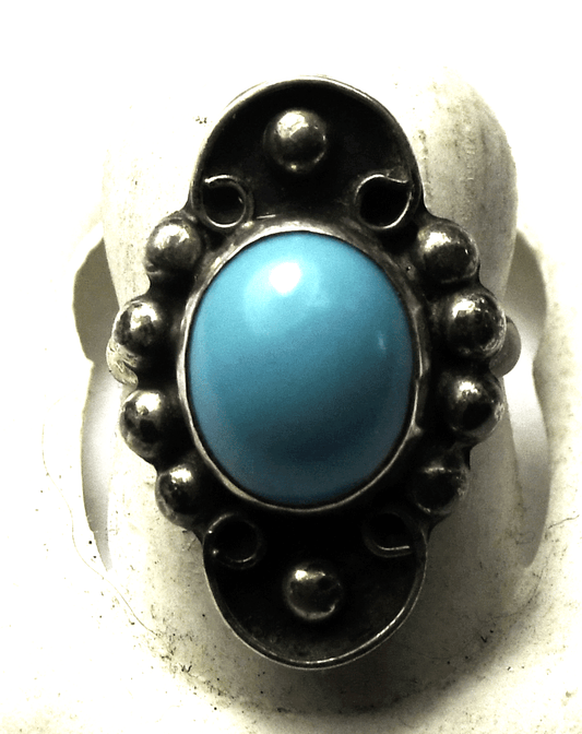 Antique Sterling Silver Turquoise Oval Dot Halo Ring 25mm Size 5.5
