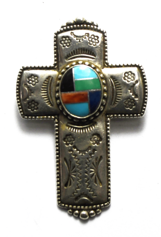 Sterling Silver Carolyn Pollack Inlay Cross Pendant Brooch Pin 50mm x 34mm