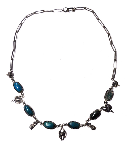 Sterling Silver Oval Turquoise Mono Figa Thunderbird Charm Necklace 20mm 18"
