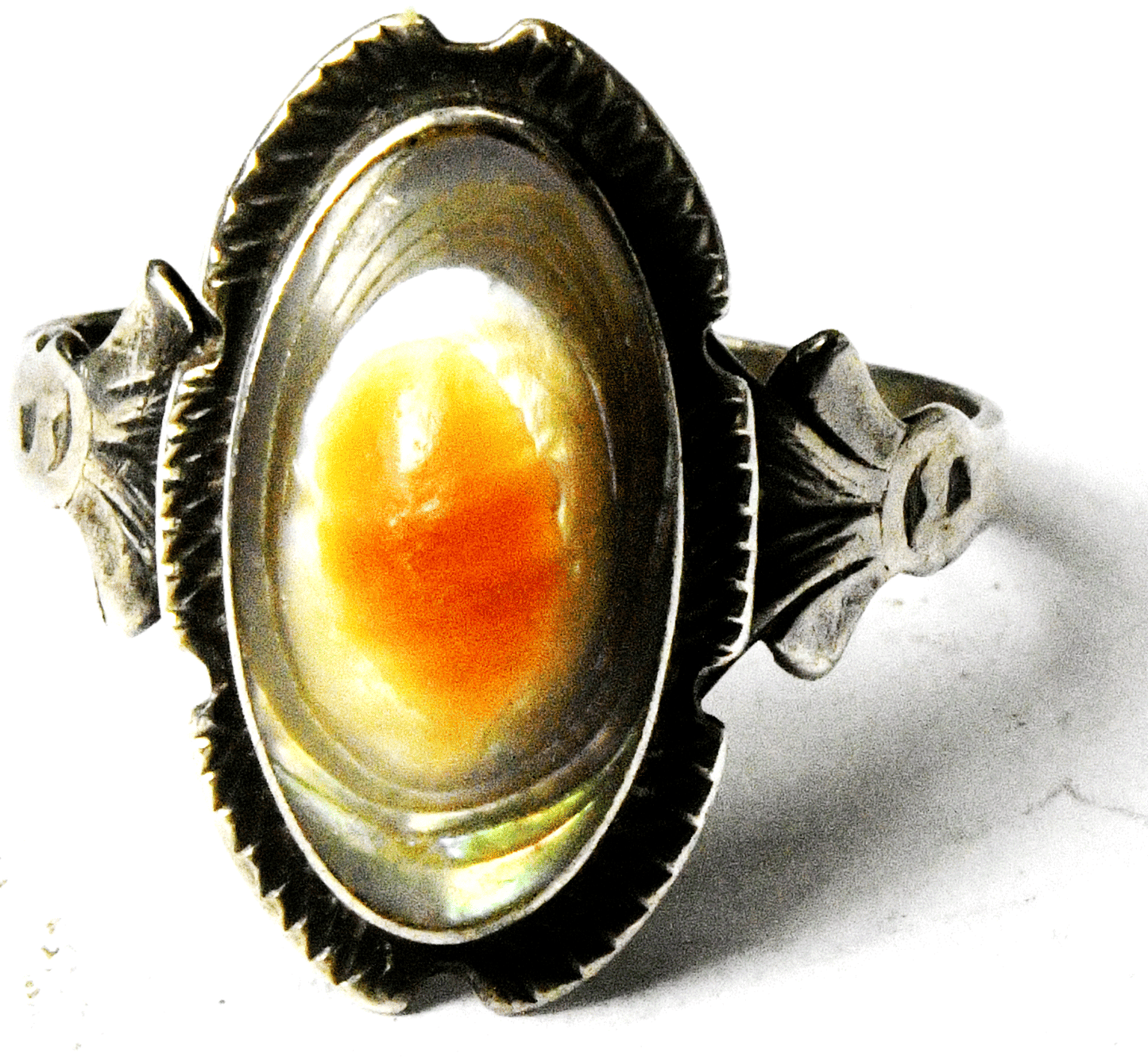 Antique Sterling Silver Carved Shell Orange Ring 18mm Size 7