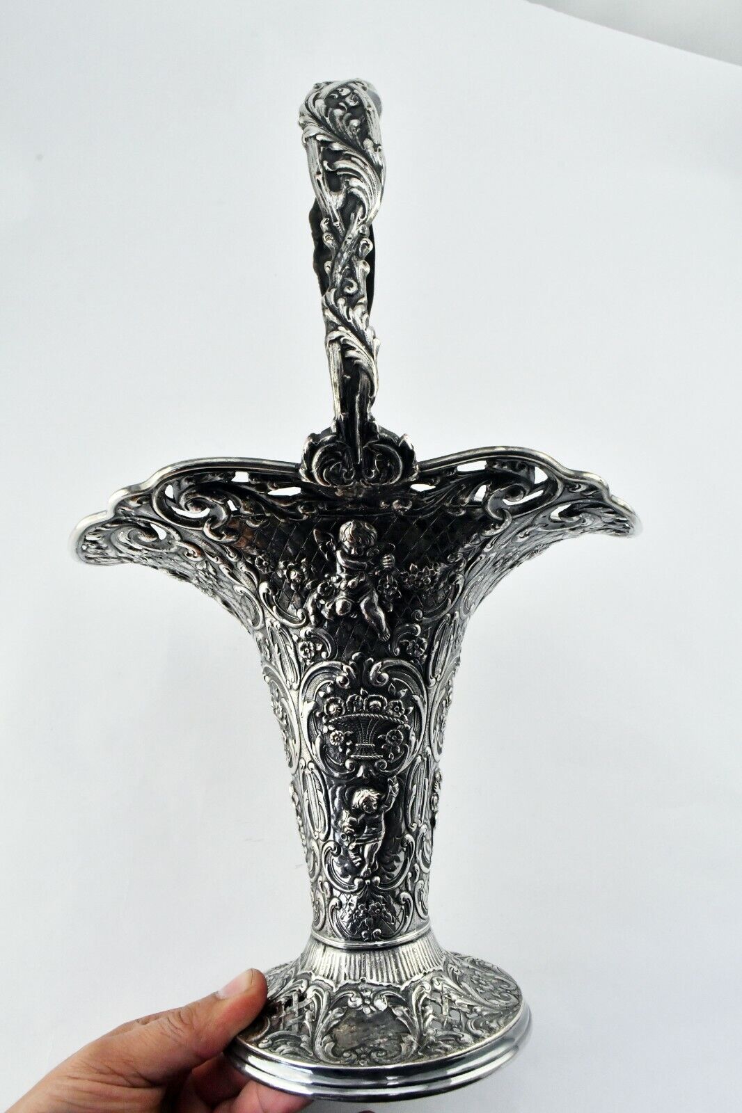 E.G Webster & Son Baroque Flute Style Cherub Ornate Repousse Vase 13 1/2"