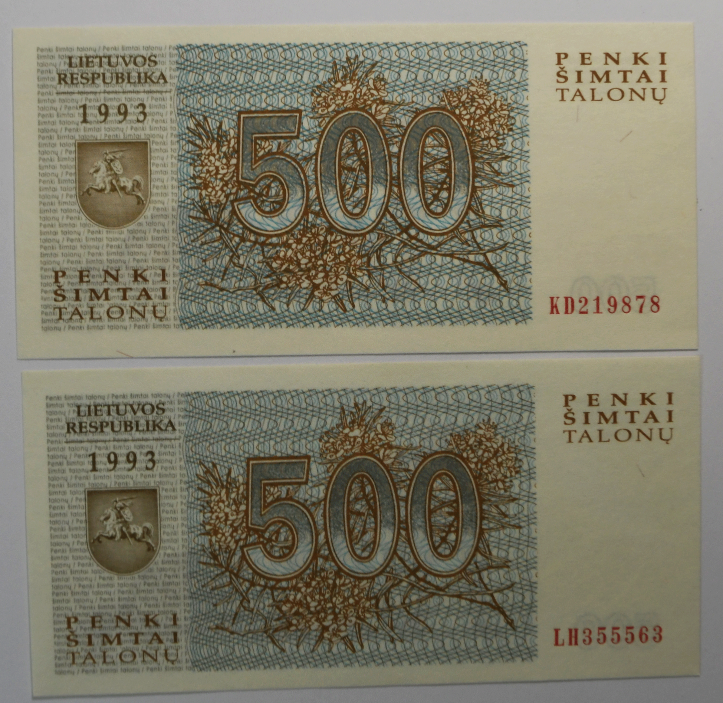 1993 Lithuania 500 Five Hundred Talonu Uncirculated Banknotes KD219878 LH355563