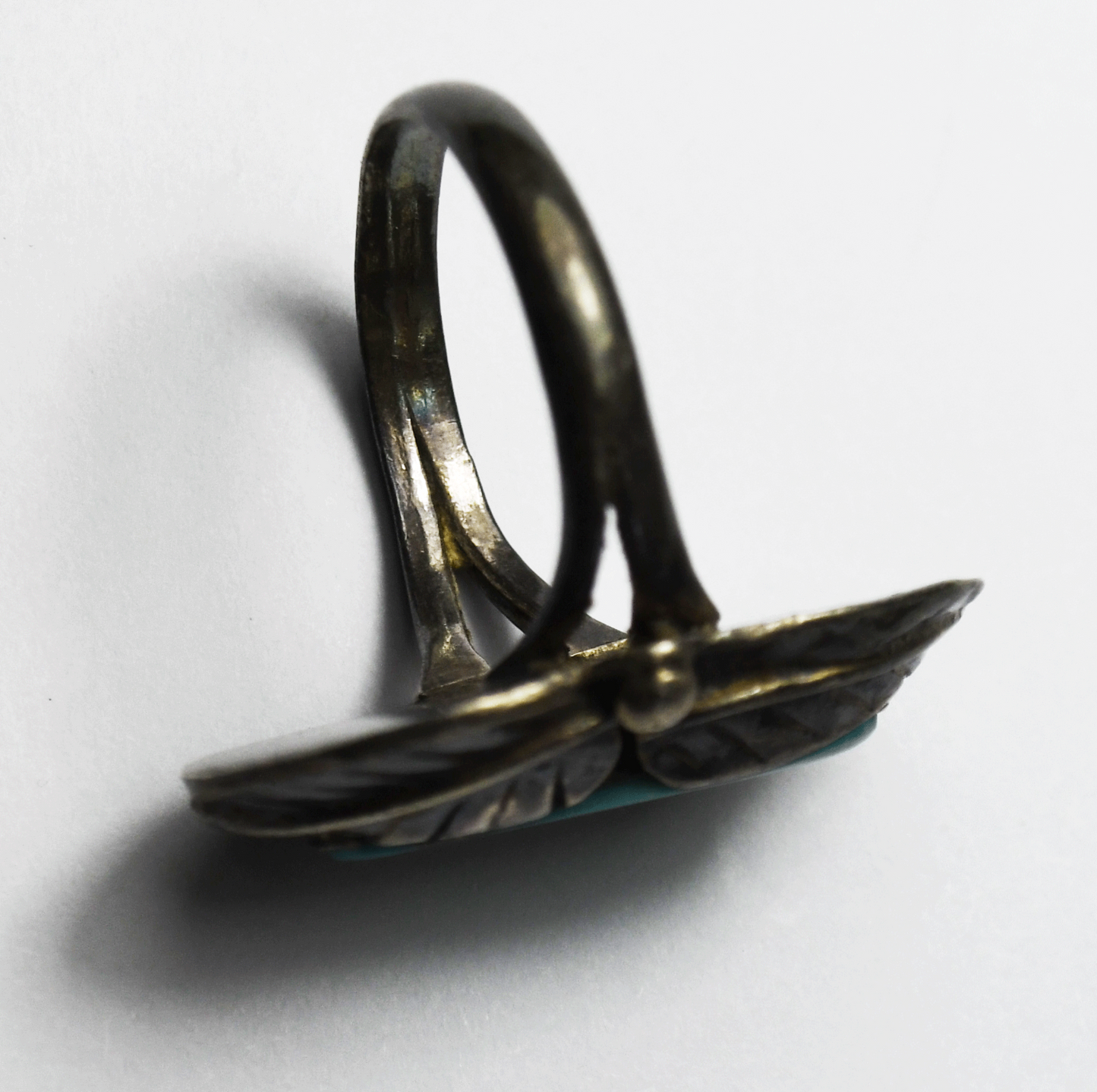 Antique Sterling Silver Turquoise Floral Leaf Ring 26mm Size 7-1/2