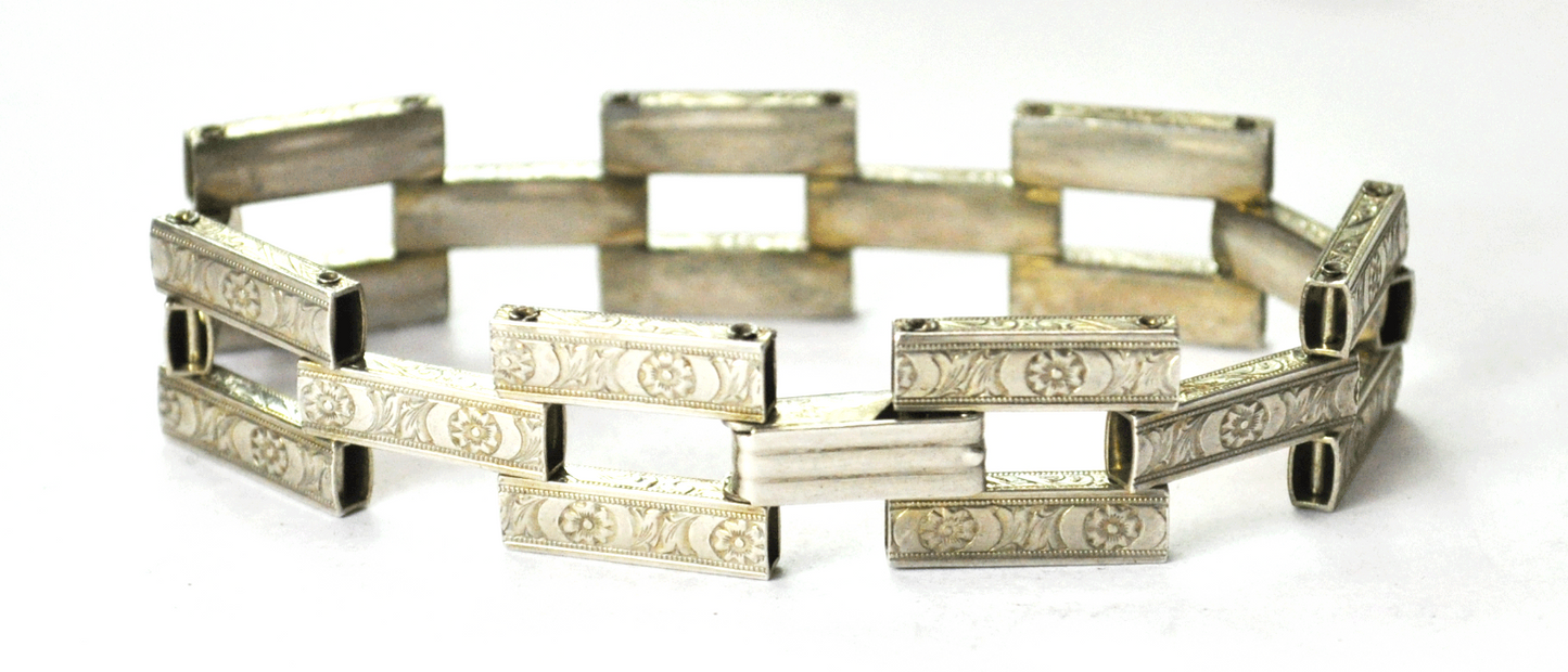 Vintage Sterling Silver Etched Floral Deco Brick Link Bracelet 15mm 7"