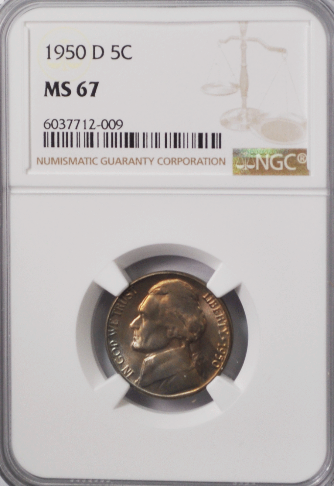 1950 D 5c Jefferson Nickel Five Cents NGC MS67 BU Denver Orange Toned