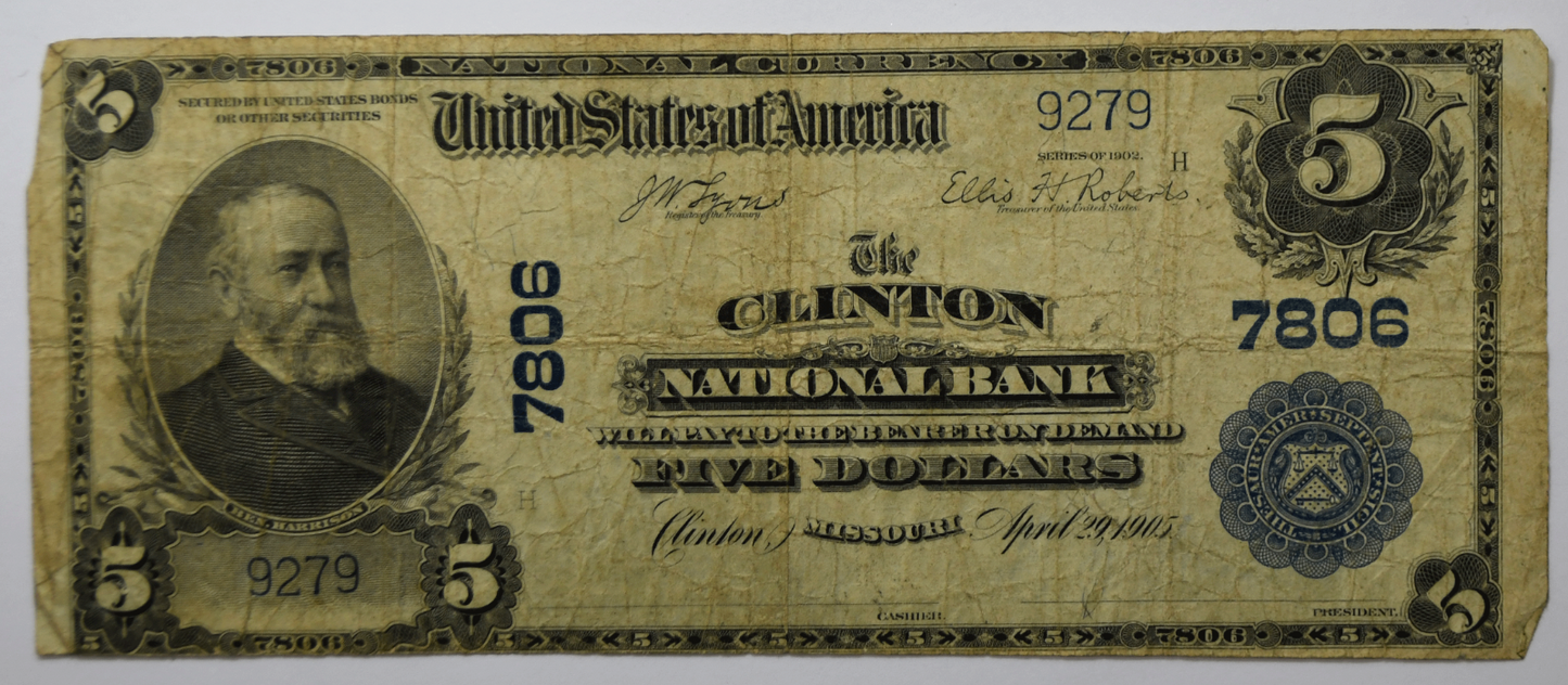 1902 $5 Five Dollars National Currency Note 9279 Plain Back Clinton MO 7806