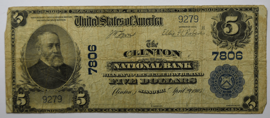 1902 $5 Five Dollars National Currency Note 9279 Plain Back Clinton MO 7806