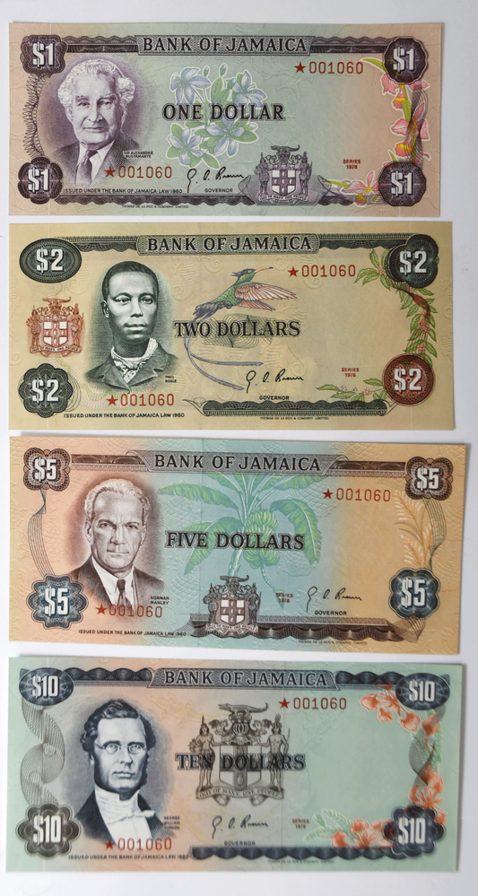 1978 Jamaica $1 $2 $5 & $10 Collector Series Specimen Star Notes *001060 Set