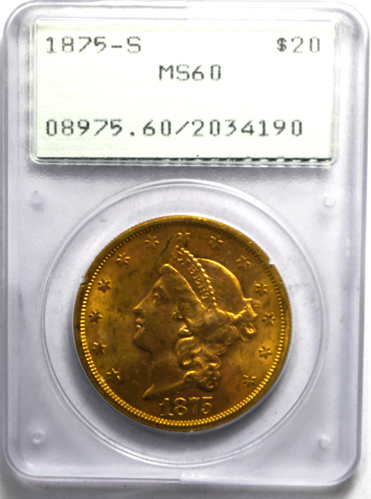 1875 S  $20 Liberty Head Double Eagle PCGS MS60 Uncirculated OGH Rattler