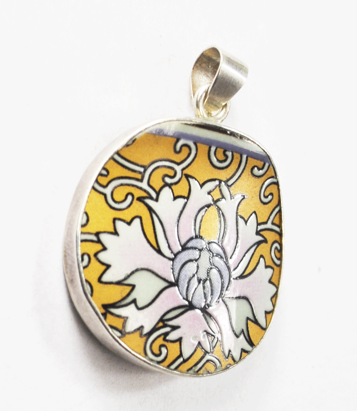 Enamel on Green Aventurine Round Gold Pink & Purple Sterling Pendant 41 x 29mm