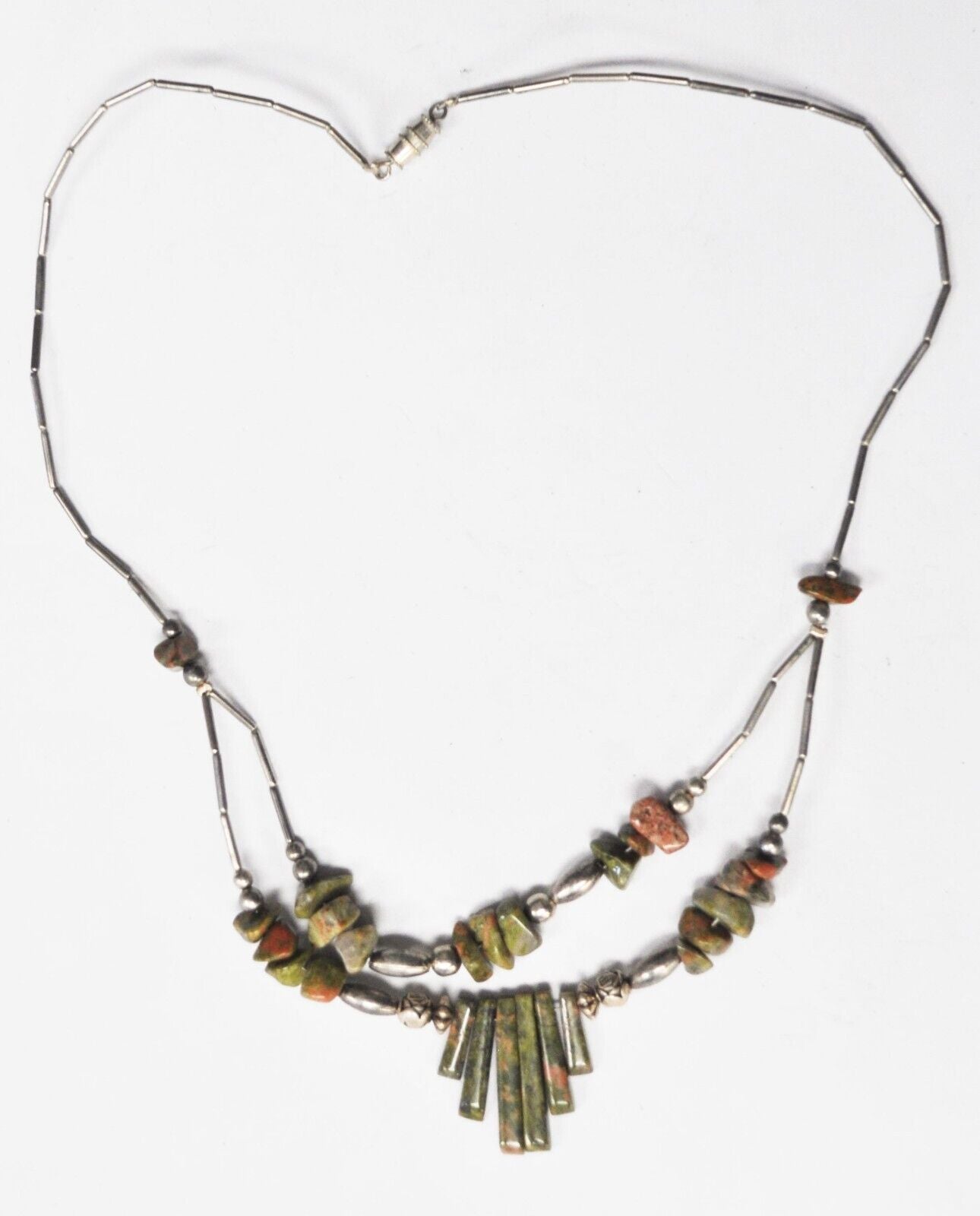 Silver Plated 26mm Unakite Piano Key Bead Necklace 2 Tier 19" Necklace