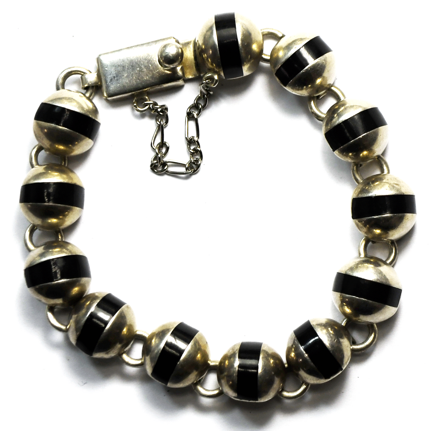 Sterling Silver Round Domed Half Sphere Onyx Stripe Bracelet 11mm 7"  31g