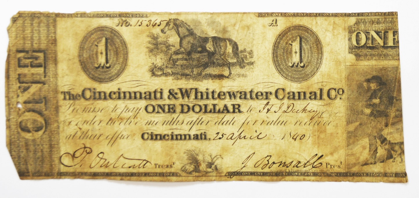 1840 $1 Cincinnati Whitewater Canal One Dollar Obsolete Note