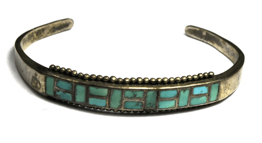 Antique Sterling Turquoise Inlay Rectangle Brick Cuff Bracelet 10mm 6.5" Wrist