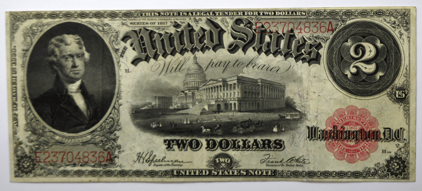1917 $2 Two Dollars Legal Tender NoteJefferson Red Seal E23704836A FR#60