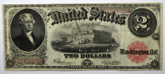 1917 $2 Two Dollars Legal Tender NoteJefferson Red Seal E23704836A FR#60
