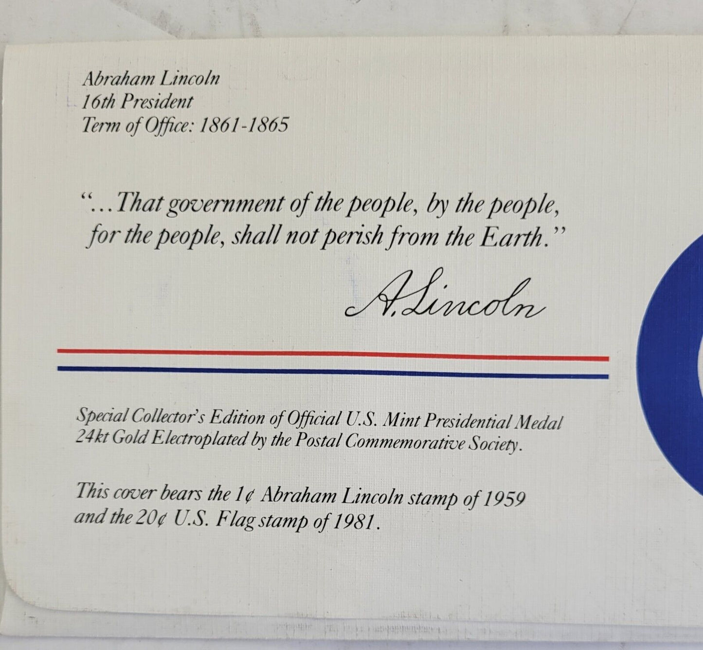 A Lincoln Presidential Covers Medal Postal Commemorative Society Gold Plated
