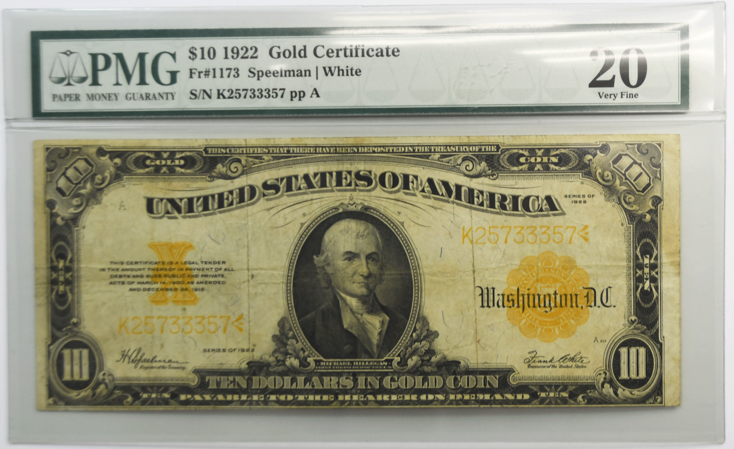 1922 $10 Ten Dollars Gold Certificate Large Note FR#1173 K25733357 PMG 20