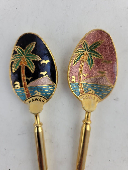 Vintage 2pc Souvenir Spoons Hawaii Cloisonne Gold Toned Enameled