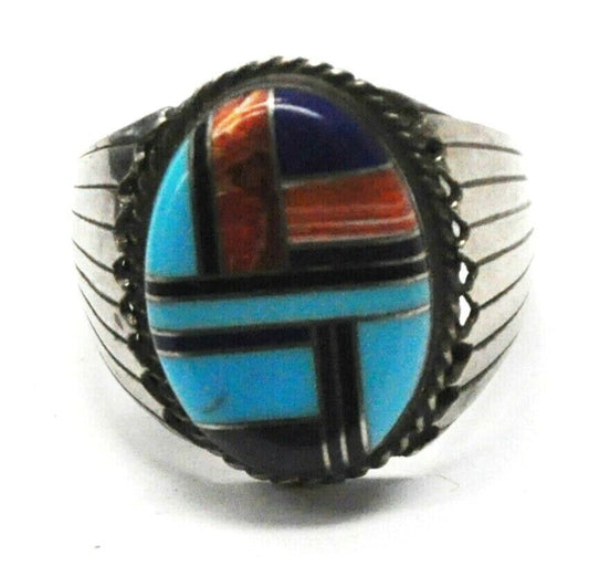 Antique Sterling Silver YJ Turquoise Spiny Oyster Inlay Ring 23mm Size 11