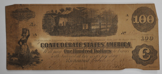 1862 $100 One Hundred Dollars Confederate Note Currency  CS-40