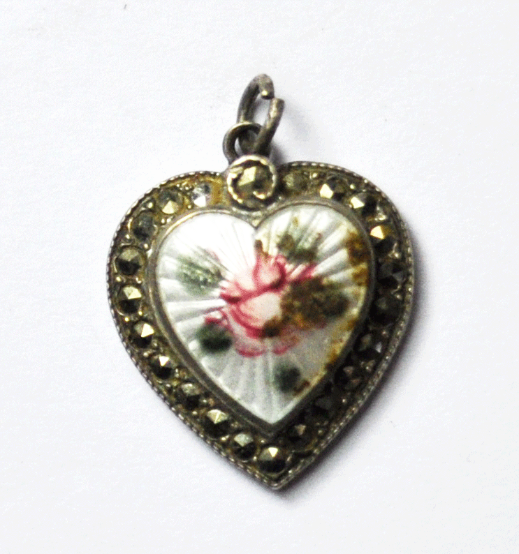 Theda Guilloche Enamel Puffy Heart Hidden St Mary Charm Marcasite Halo 15x18mm