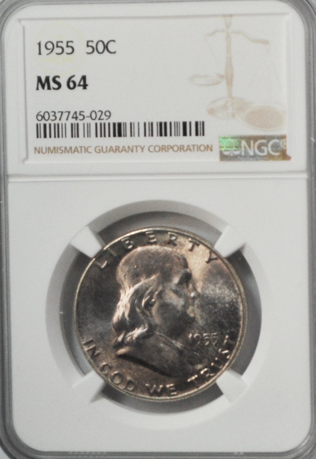 1955 50c Franklin Silver Half Dollar NGC MS64 Purple Toned Bugs Bunny