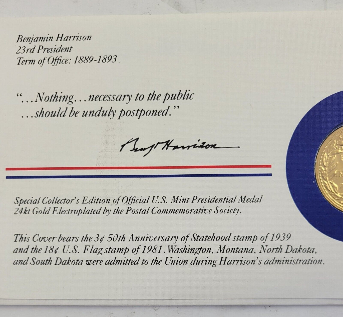 B Harrison Presidential Covers Medal Postal Commemorative Society Gold Plated